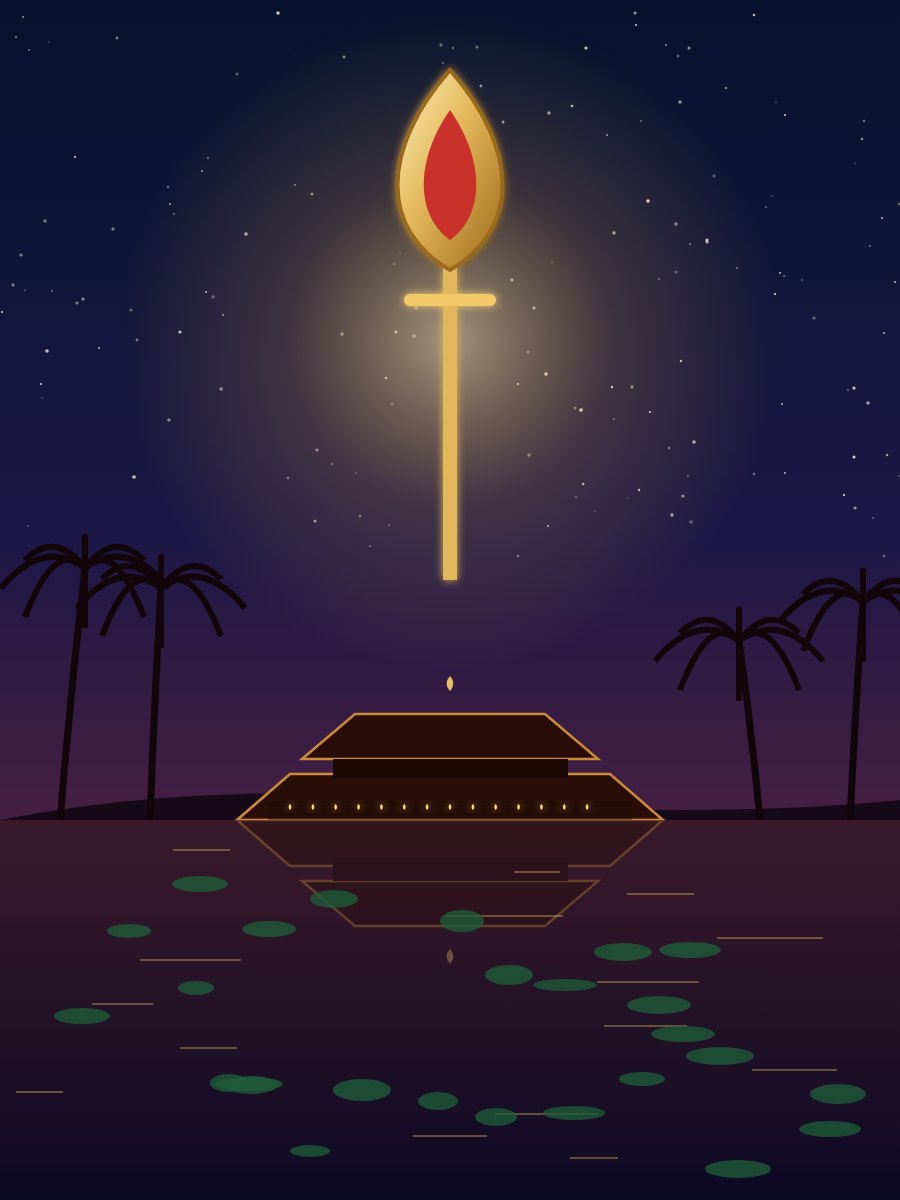 Murugan's vel and peacock beside the wide temple pond at dawn